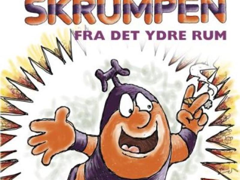 Bogforside af "Skrumpen fra det ydre rum" med et stribet fantasivæsen 