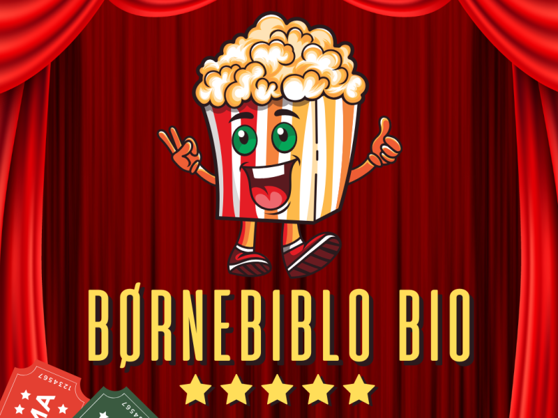 Logo for Børnebiblo Bio med et popcornbæger foran et biograflærred